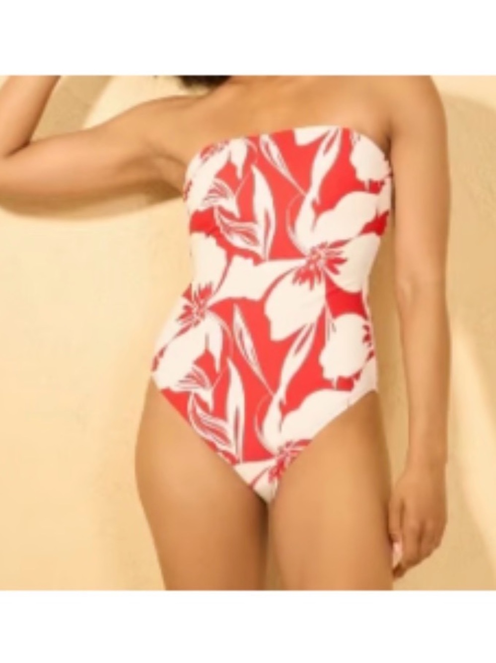 Shade & Shore Swim Strapless Red & White Floral One-Piece Swimwear size medium.